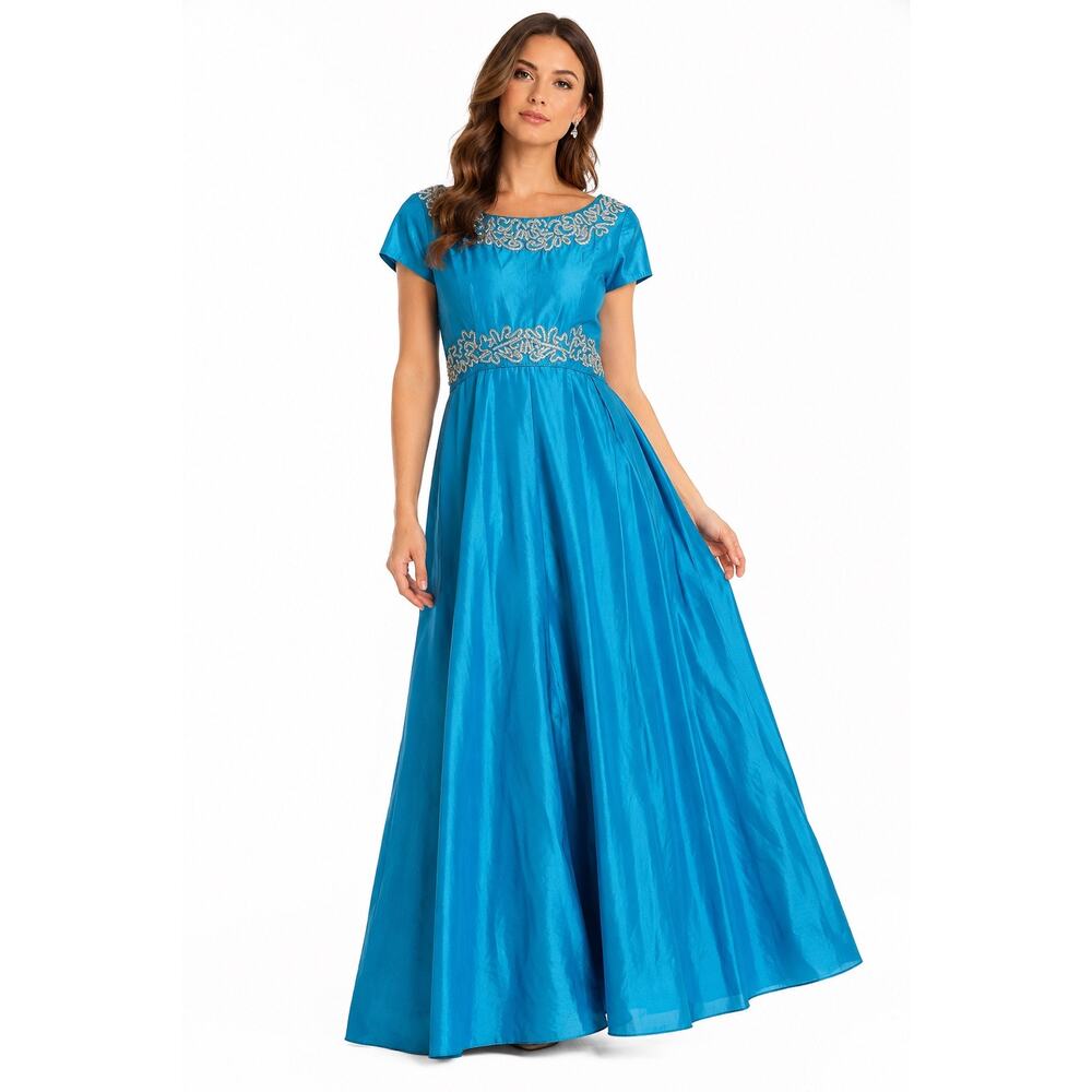 1970s Emma Domb Turquoise Sequin Maxi Gown USA Made M/L